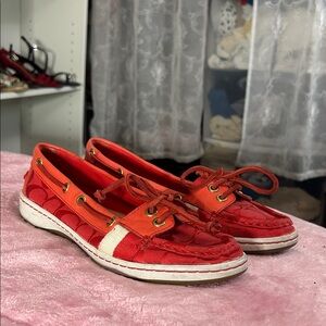 Y2K Vintsge Coach Canvas Women's Red Loafers with White Accents